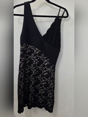 Free People One-Shoulder Black Lace Slip Dress
